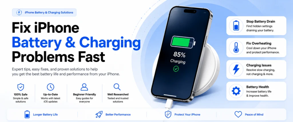 iPhone battery and charging problems homepage banner with battery drain, overheating, and charging fixes