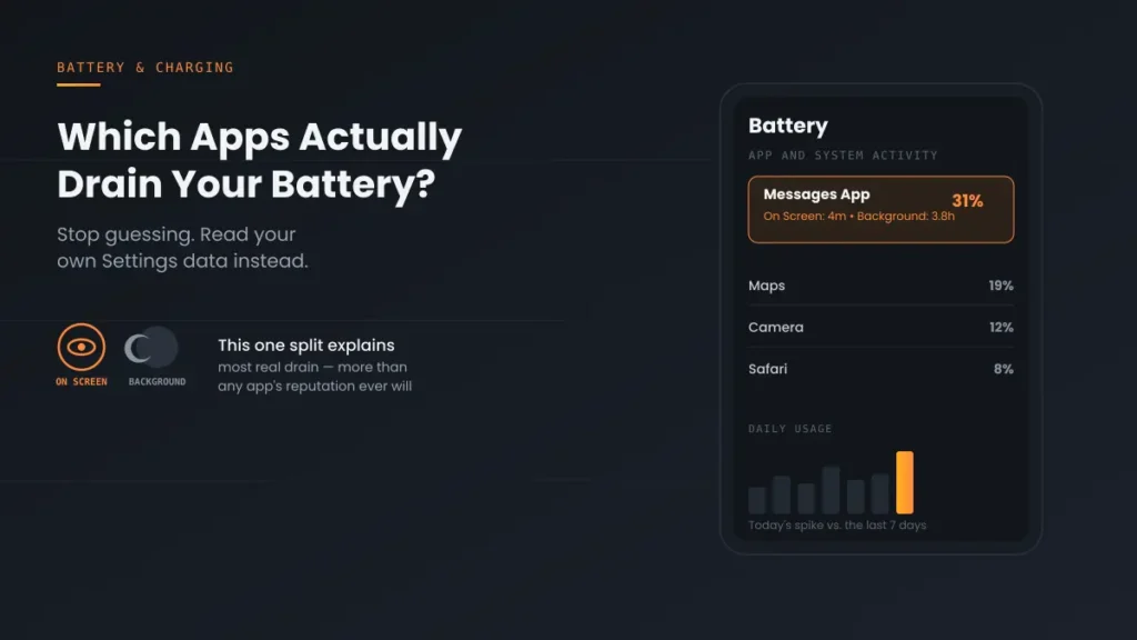 Which Apps Actually Drain iPhone Battery? Here's How to Check Your Own Data 2 Which apps actually drain iPhone battery — Settings screen showing On Screen vs Background split