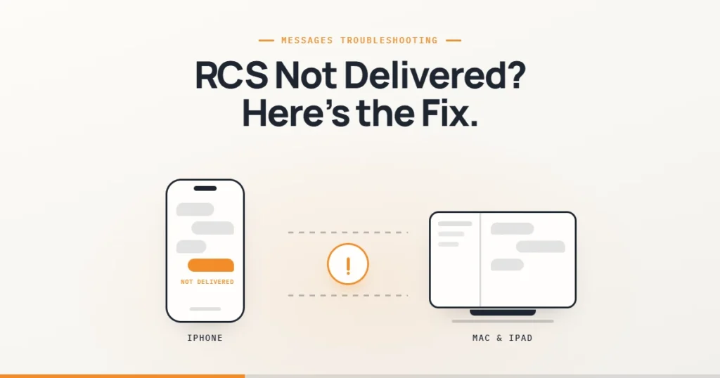 iPhone and Mac connected by a broken dotted line with a warning icon, showing an RCS message not delivered