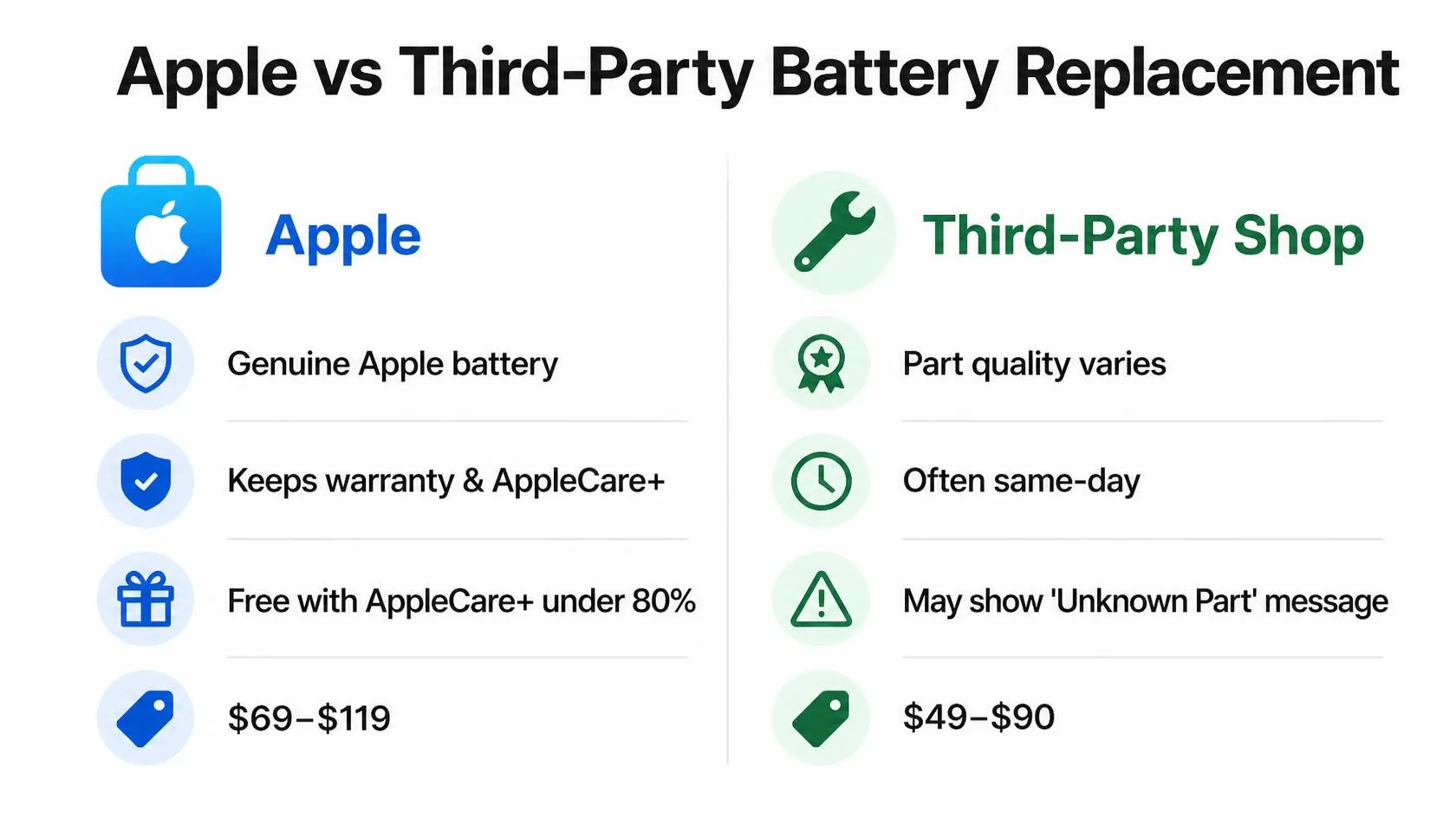 iPhone Battery Replacement Cost: Apple vs Third-Party vs AppleCare+ (2026 Price Guide) 4 Apple versus third-party iPhone battery replacement comparison