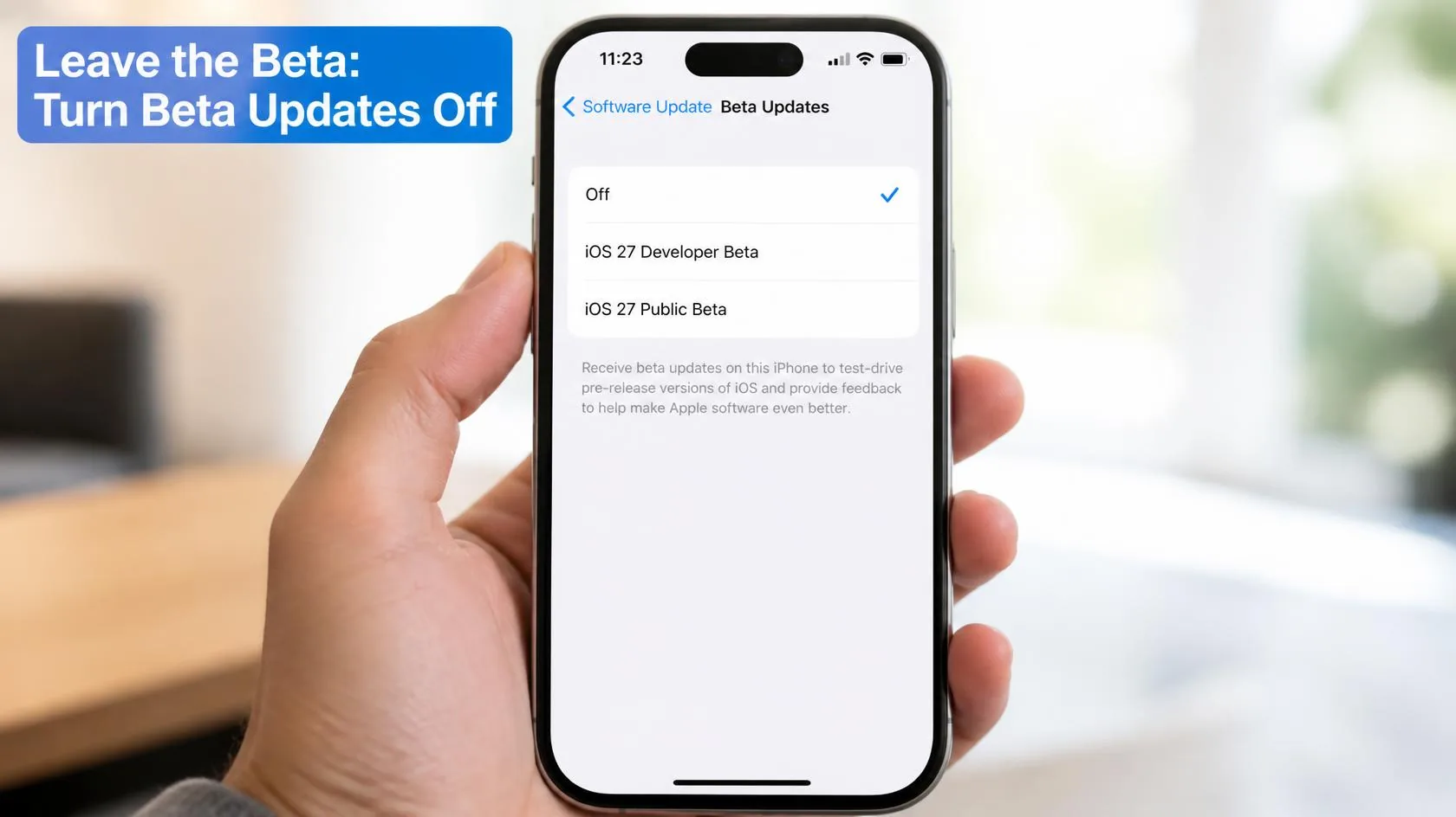 iOS 27 Problems: Known Bugs, What 27.0.1 Fixed, and Can You Downgrade? 4 iPhone Settings Beta Updates screen with beta updates turned off