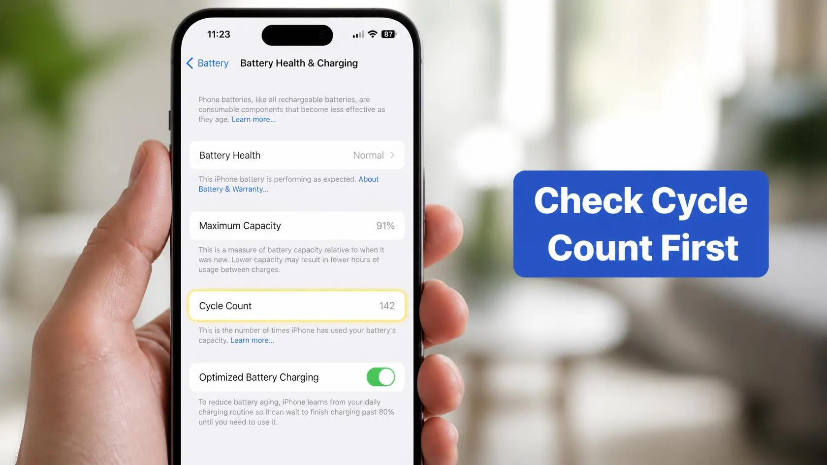 iPhone 16 Pro Battery Health Dropping Fast? Here's What's Actually Normal 4 iPhone 16 Pro Battery Health & Charging screen showing maximum capacity and cycle count